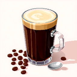 A detailed pixel art representation of a glass of coffee, featuring a clear glass cup filled with dark brown coffee, topped with a frothy cream layer