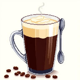 A detailed pixel art representation of a glass of coffee, featuring a clear glass cup filled with dark brown coffee, topped with a frothy cream layer