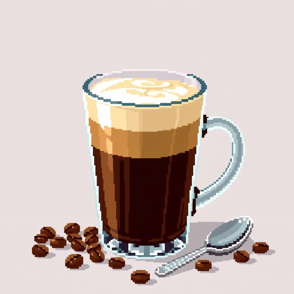 A detailed pixel art representation of a glass of coffee, featuring a clear glass cup filled with dark brown coffee, topped with a frothy cream layer