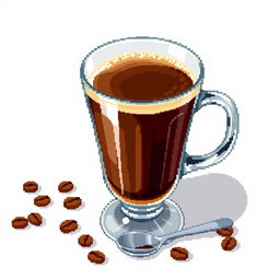 A detailed pixel art representation of a glass of coffee, featuring a clear glass cup filled with dark brown coffee, topped with a frothy cream layer