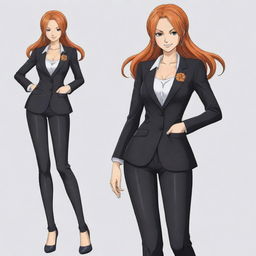 An adaptation of Nami from One Piece, dressed in a sleek suit. The artwork retains her original features but makes her body slim, all within the distinctive One Piece art style.