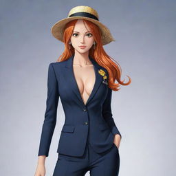 An adaptation of Nami from One Piece, dressed in a sleek suit. The artwork retains her original features but makes her body slim, all within the distinctive One Piece art style.