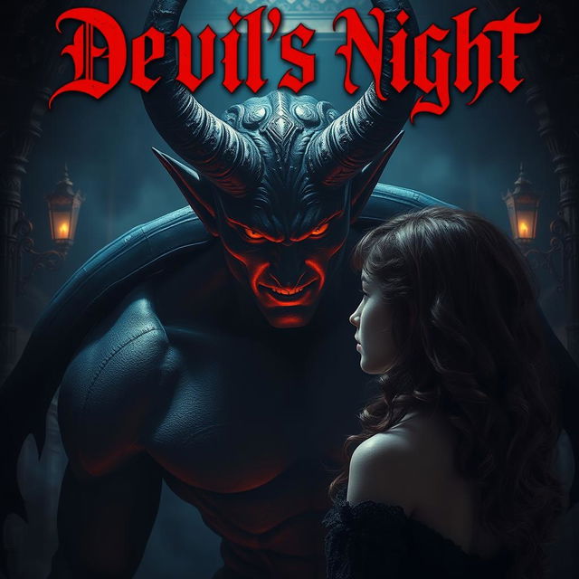 A dark romance scene featuring a strikingly attractive demon with alluring features and piercing eyes, surrounded by a mystical aura and shadows