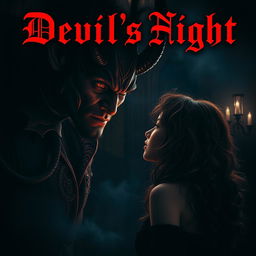 A dark romance scene featuring a strikingly attractive demon with alluring features and piercing eyes, surrounded by a mystical aura and shadows