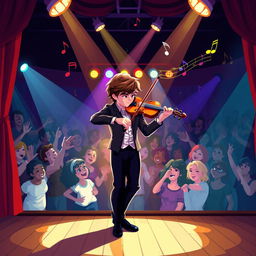 A vibrant pixel art scene of a violinist performing on stage, with dramatic lighting illuminating the performer