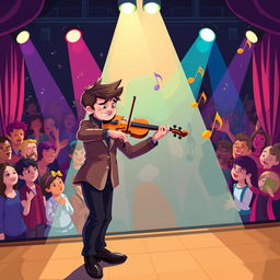 A vibrant pixel art scene of a violinist performing on stage, with dramatic lighting illuminating the performer