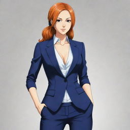 An adaptation of Nami from One Piece, dressed in a sleek suit. The artwork retains her original features but makes her body slim, all within the distinctive One Piece art style.