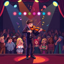 A vibrant pixel art scene of a violinist performing on stage, with dramatic lighting illuminating the performer