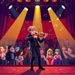 A vibrant pixel art scene of a violinist performing on stage, with dramatic lighting illuminating the performer