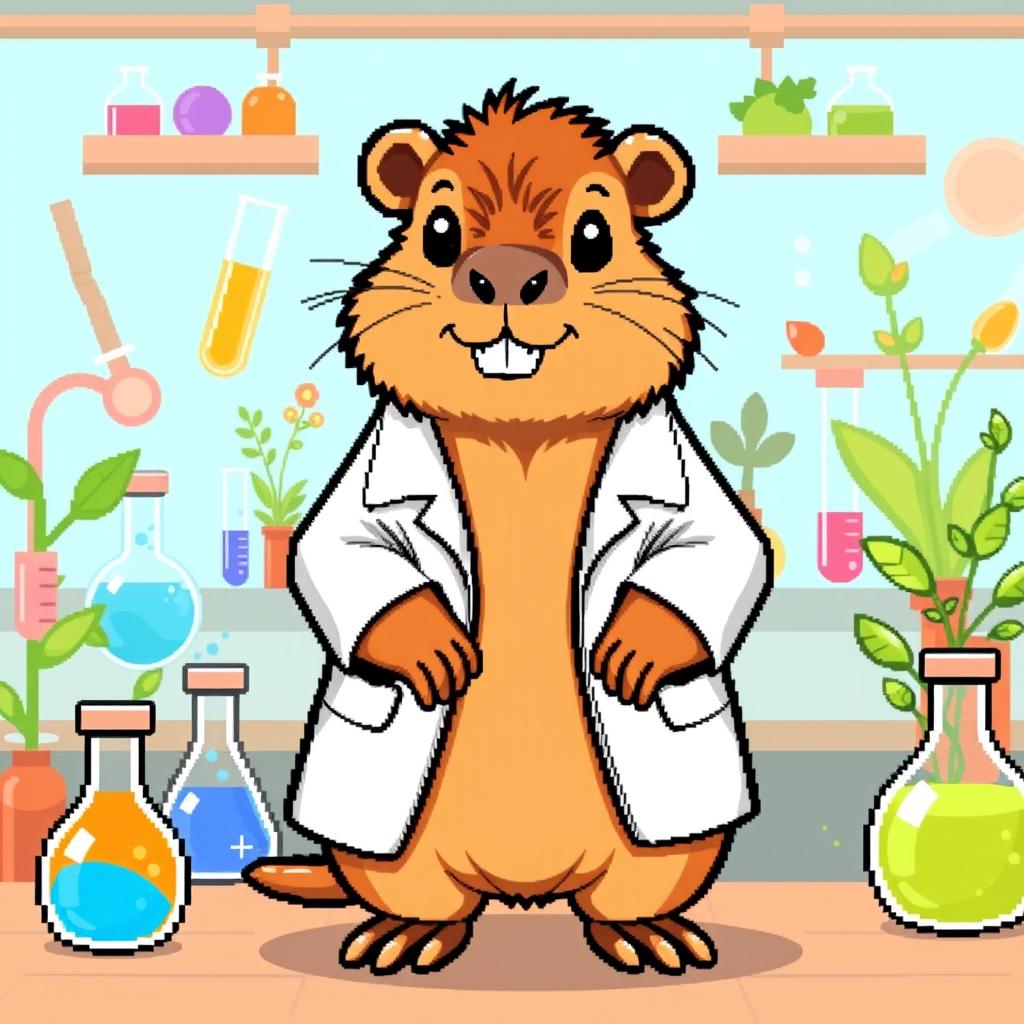 A cute capybara wearing a lab coat, depicted in a pixel art style