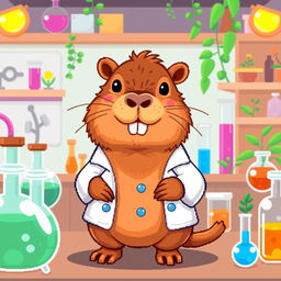 A cute capybara wearing a lab coat, depicted in a pixel art style