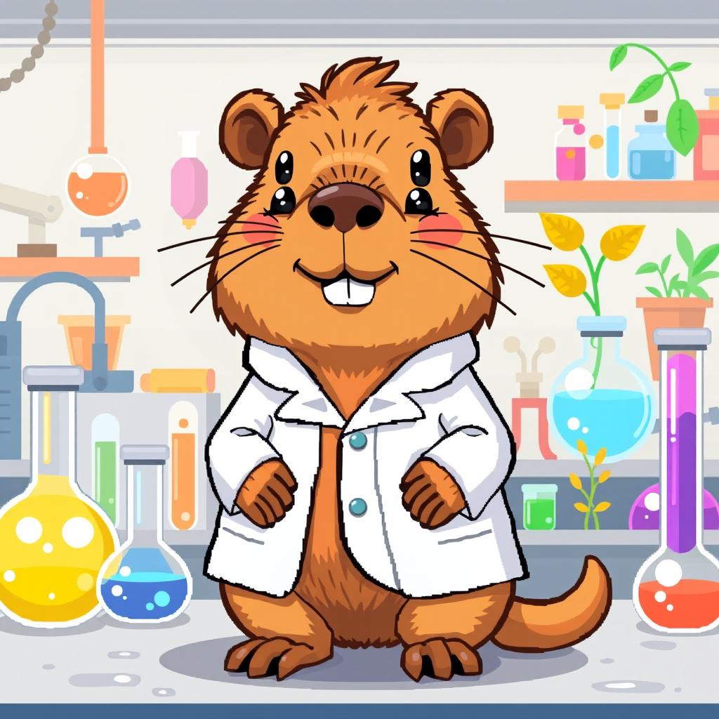 A cute capybara wearing a lab coat, depicted in a pixel art style