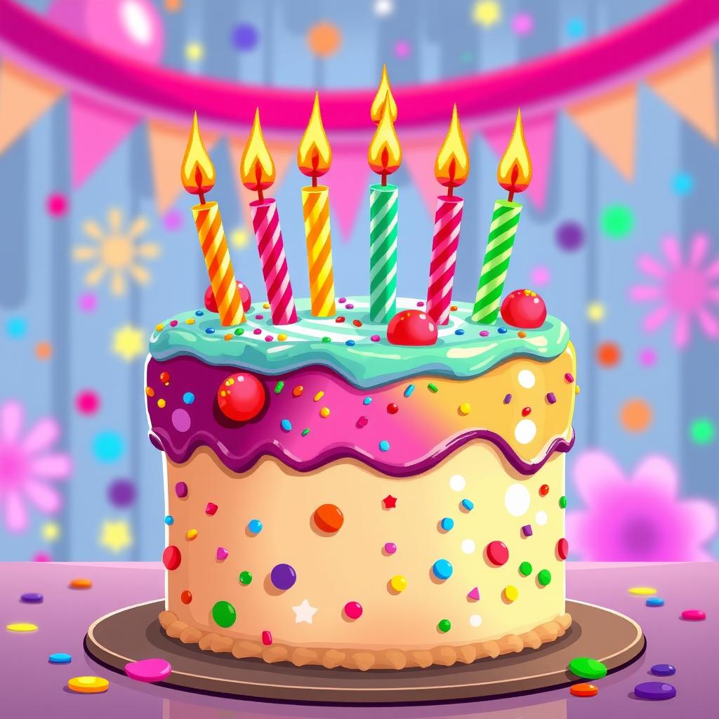 A vibrant pixel art depiction of a beautifully decorated cake with colorful icing and multiple candles on top, set against a cheerful, festive background