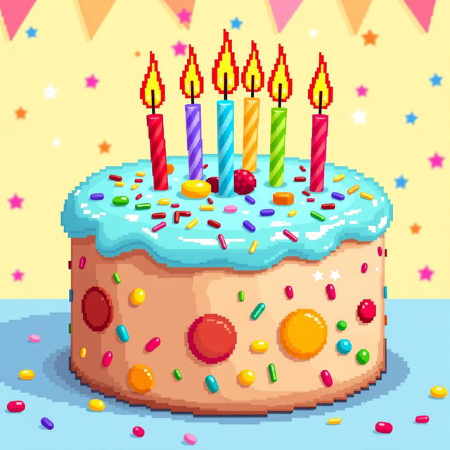 A vibrant pixel art depiction of a beautifully decorated cake with colorful icing and multiple candles on top, set against a cheerful, festive background