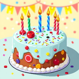 A vibrant pixel art depiction of a beautifully decorated cake with colorful icing and multiple candles on top, set against a cheerful, festive background