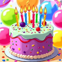 A vibrant pixel art depiction of a beautifully decorated cake with colorful icing and multiple candles on top, set against a cheerful, festive background