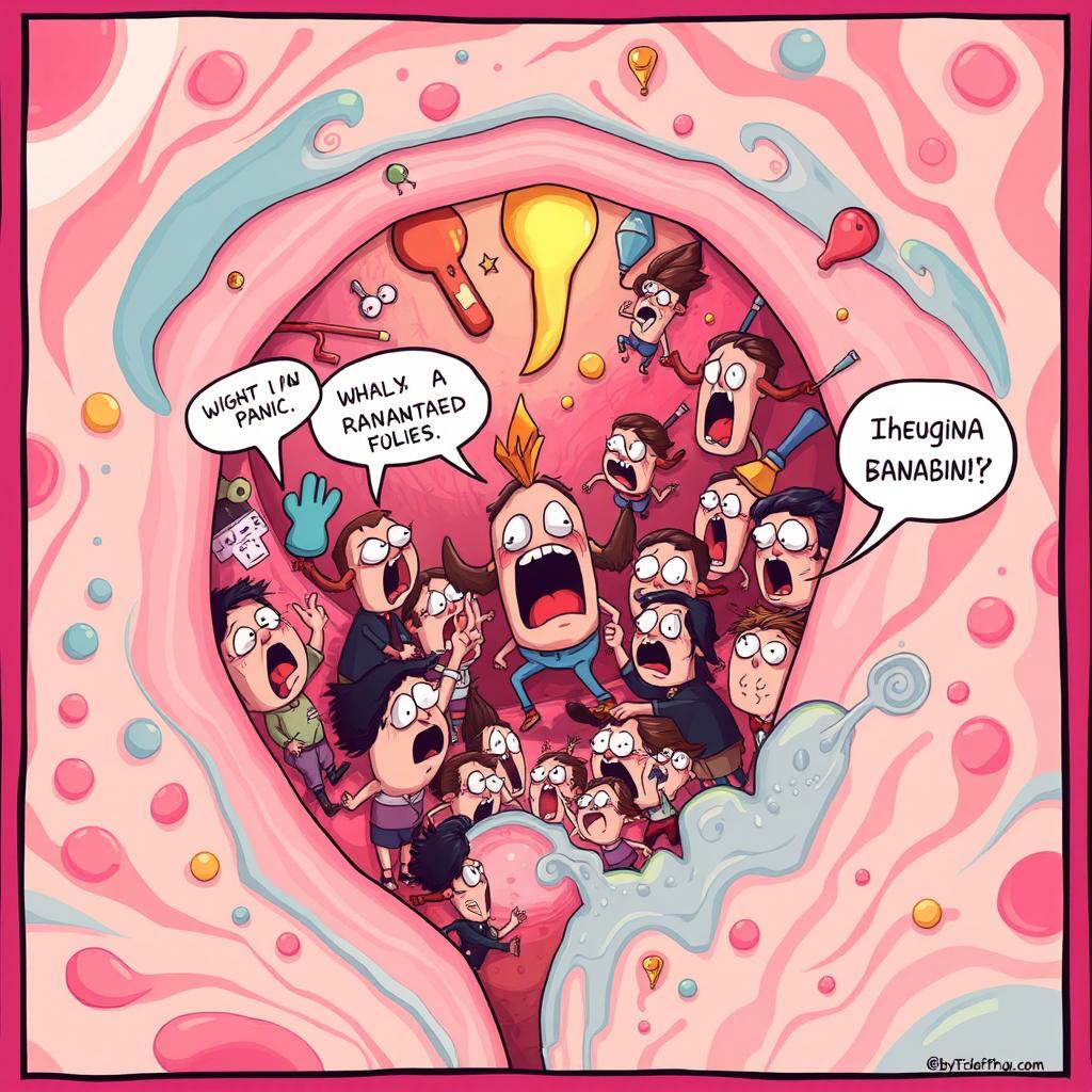 A surreal and imaginative representation of a whimsical scene inside a vagina, filled with a sense of chaos and panic characterized by comical, exaggerated expressions on cartoonish characters and vibrant colors