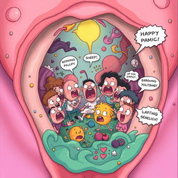 A surreal and imaginative representation of a whimsical scene inside a vagina, filled with a sense of chaos and panic characterized by comical, exaggerated expressions on cartoonish characters and vibrant colors