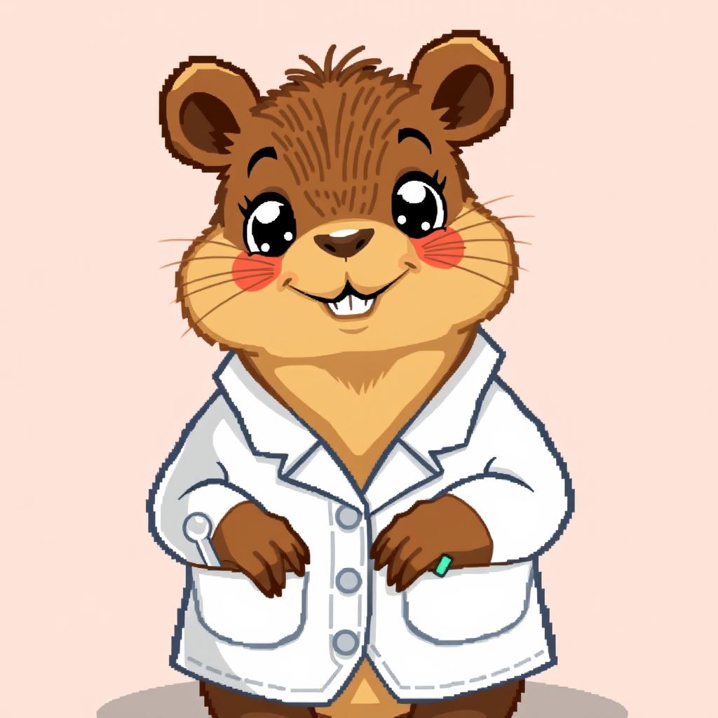 A cute capybara wearing a scientist's lab coat, depicted in a simplistic pixel art style