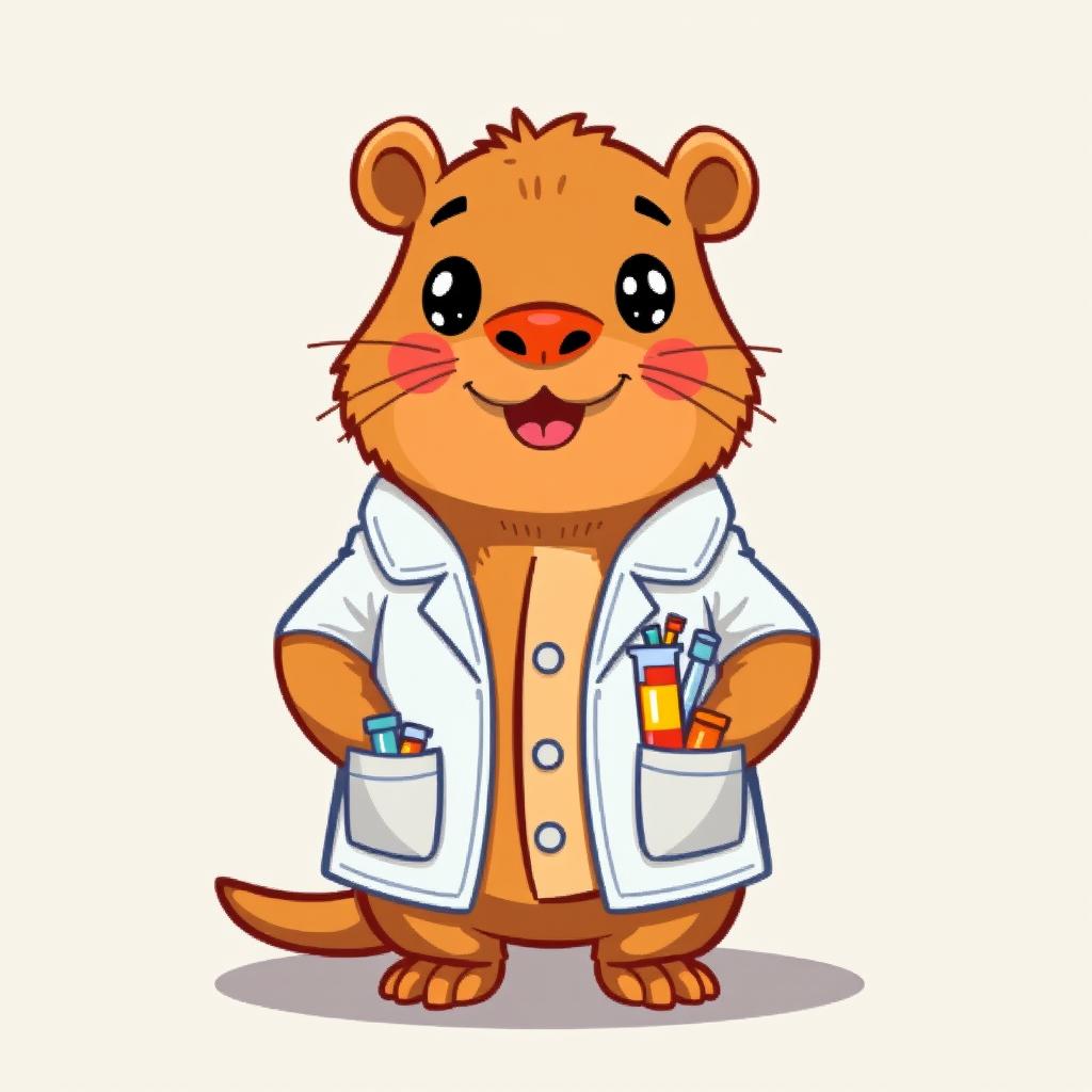 A cute capybara wearing a scientist's lab coat, depicted in a simplistic pixel art style