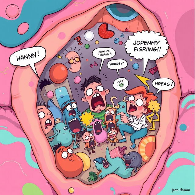 A surreal and imaginative representation of a whimsical scene inside a vagina, filled with a sense of chaos and panic characterized by comical, exaggerated expressions on cartoonish characters and vibrant colors