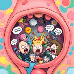 A surreal and imaginative representation of a whimsical scene inside a vagina, filled with a sense of chaos and panic characterized by comical, exaggerated expressions on cartoonish characters and vibrant colors