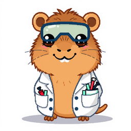 A cute capybara wearing a scientist's lab coat, depicted in a simplistic pixel art style