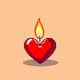 A vibrant pixel art representation of a heart-shaped candle, glowing gently with a warm, flickering flame at the top