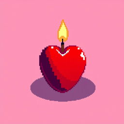 A vibrant pixel art representation of a heart-shaped candle, glowing gently with a warm, flickering flame at the top