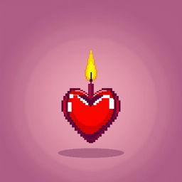 A vibrant pixel art representation of a heart-shaped candle, glowing gently with a warm, flickering flame at the top