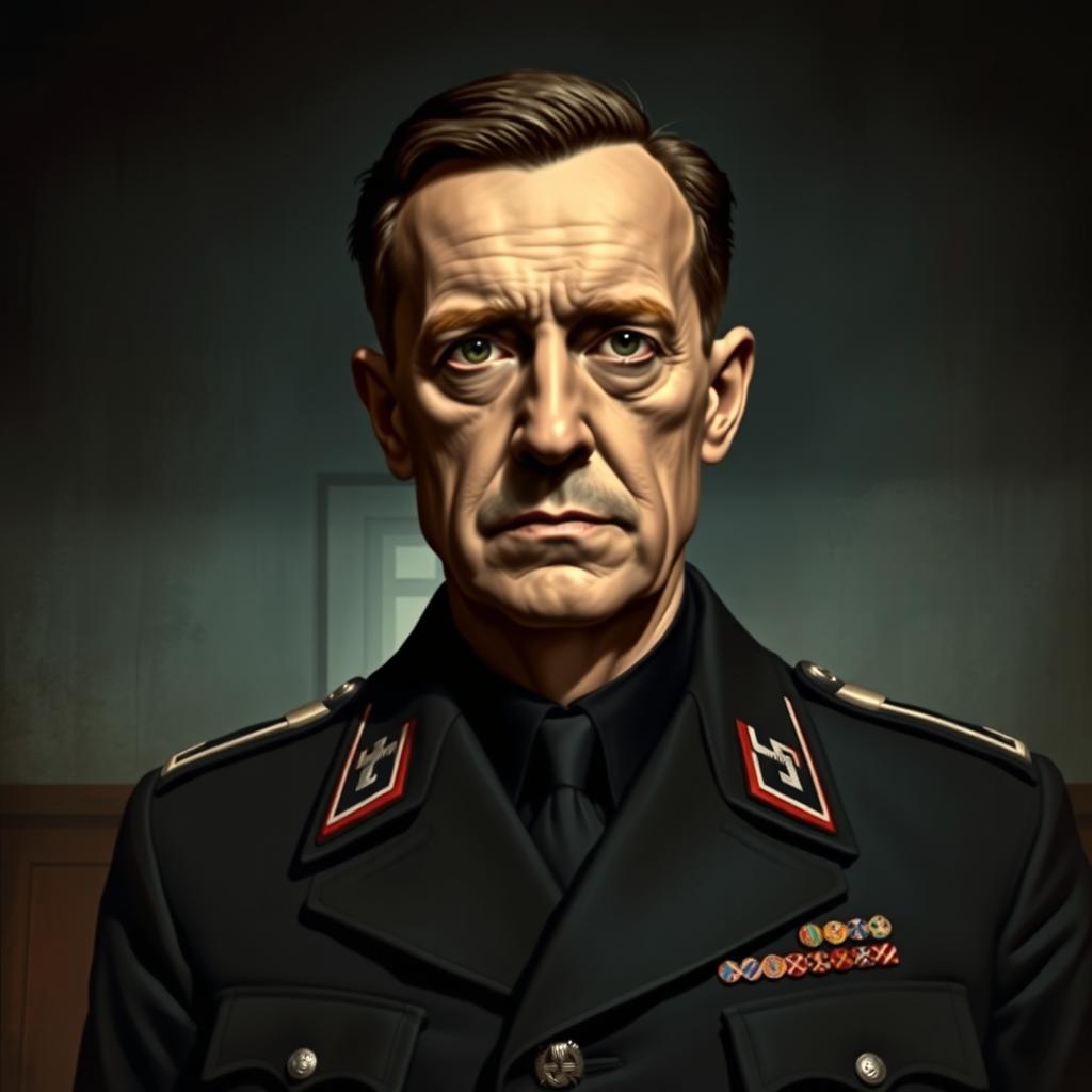 A portrait of Alois Brunner, depicted as a serious and authoritative figure, reflecting his role as the right-hand man of Adolf Eichmann during the Holocaust