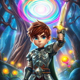 A dramatic fantasy scene featuring a young hero character, standing bravely against a whirling vortex of colorful magical energy