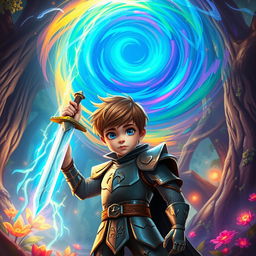 A dramatic fantasy scene featuring a young hero character, standing bravely against a whirling vortex of colorful magical energy