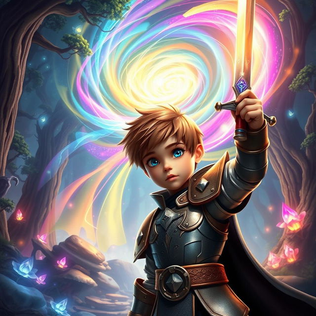 A dramatic fantasy scene featuring a young hero character, standing bravely against a whirling vortex of colorful magical energy