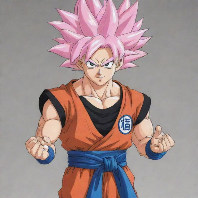 Goku in Saiyan Rose phase 1, wearing the traditional clothing of the planet Yardrat, as if drawn by Akira Toriyama