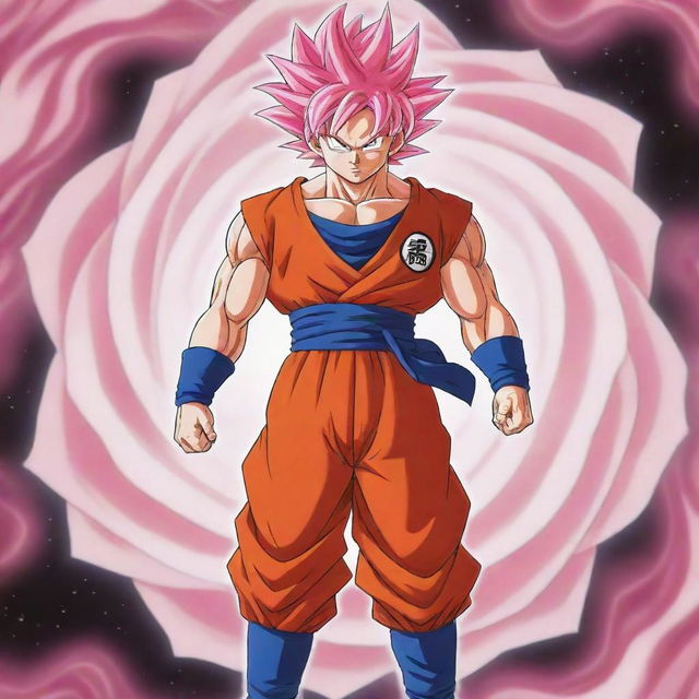 A Toriyama-style illustration of Goku wearing Yadrat planet clothing, transforming into the first phase of Super Saiyan Rose.