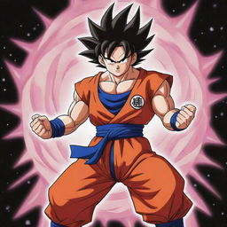 A Toriyama-style illustration of Goku wearing Yadrat planet clothing, transforming into the first phase of Super Saiyan Rose.