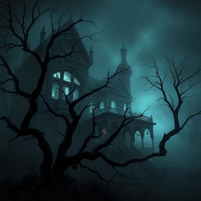 A haunting, eerie scene featuring an abandoned, overgrown mansion shrouded in fog