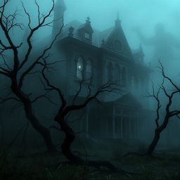 A haunting, eerie scene featuring an abandoned, overgrown mansion shrouded in fog