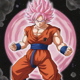 A Toriyama-style illustration of Goku wearing Yadrat planet clothing, transforming into the first phase of Super Saiyan Rose.