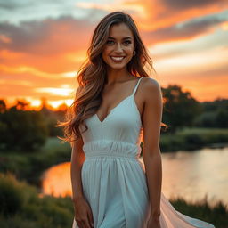 A beautiful woman standing gracefully in a serene landscape, wearing a flowing white dress that gently sways with the breeze