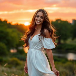 A beautiful woman standing gracefully in a serene landscape, wearing a flowing white dress that gently sways with the breeze