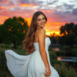 A beautiful woman standing gracefully in a serene landscape, wearing a flowing white dress that gently sways with the breeze