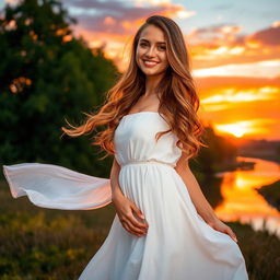 A beautiful woman standing gracefully in a serene landscape, wearing a flowing white dress that gently sways with the breeze