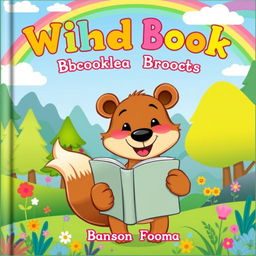 A whimsical and colorful children's book cover featuring a friendly, cartoonish animal character, like a smiling bear or a playful fox, holding a book