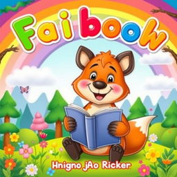 A whimsical and colorful children's book cover featuring a friendly, cartoonish animal character, like a smiling bear or a playful fox, holding a book