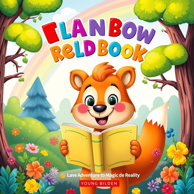 A whimsical and colorful children's book cover featuring a friendly, cartoonish animal character, like a smiling bear or a playful fox, holding a book