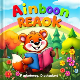 A whimsical and colorful children's book cover featuring a friendly, cartoonish animal character, like a smiling bear or a playful fox, holding a book