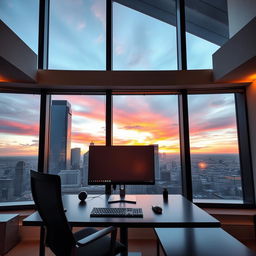 A modern room with a stunning city view through a large panoramic window