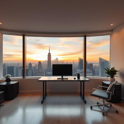 A modern room with a stunning city view through a large panoramic window